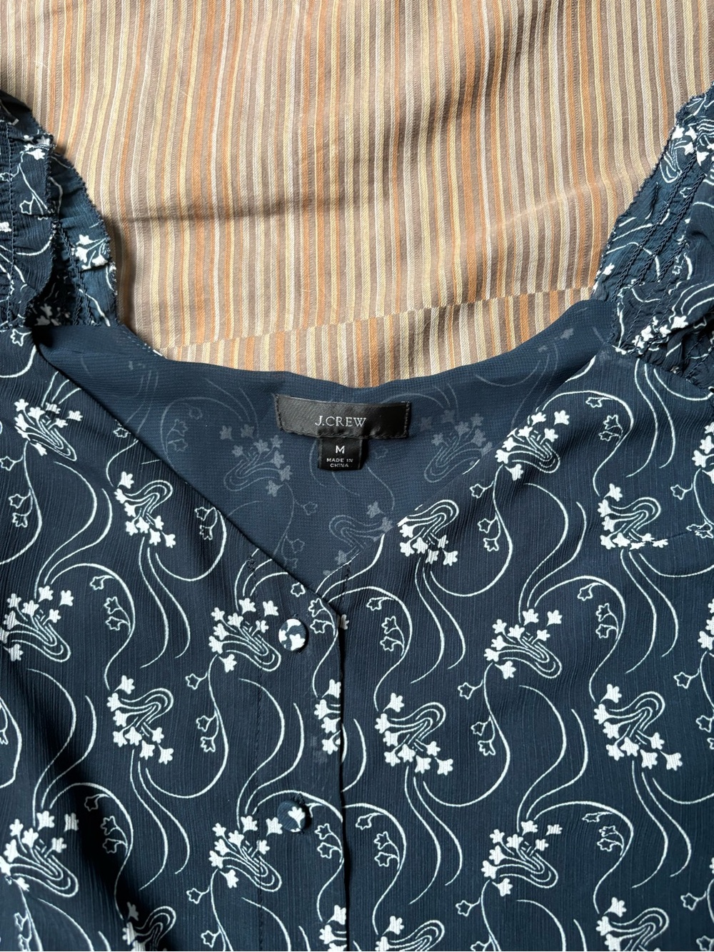 J. Crew Navy and White Floral Wave Button Blouse